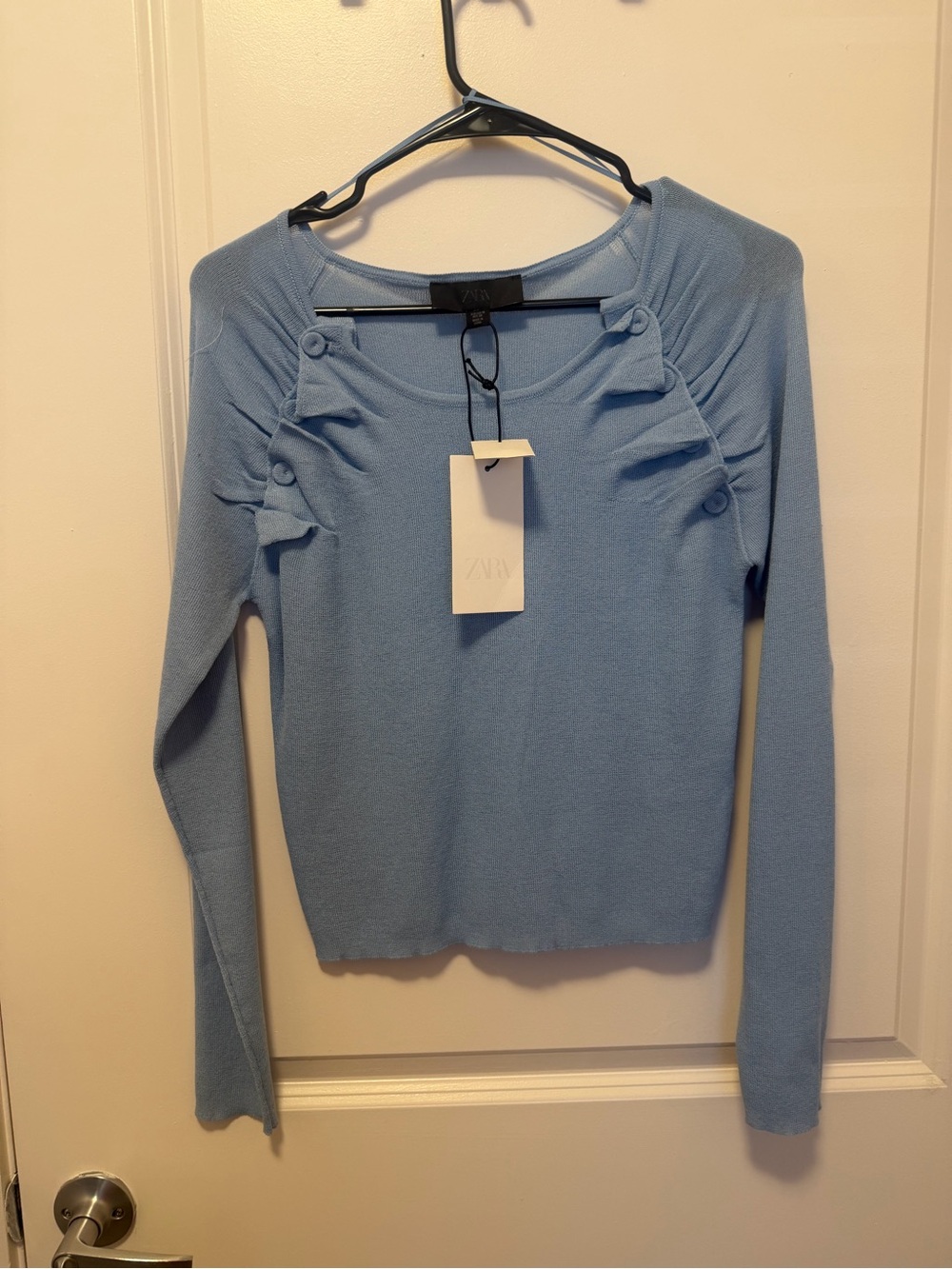 Zara Light Blue Long Sleeve Knit Top with Shoulder Buttons